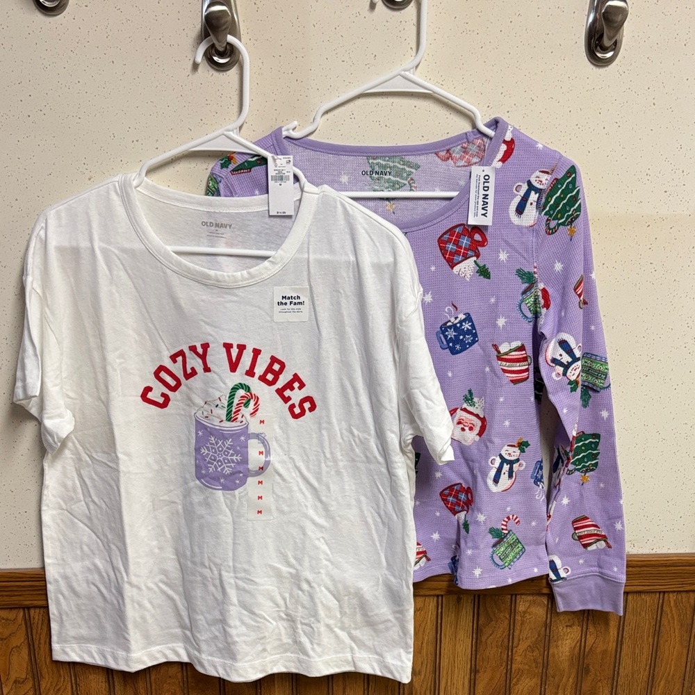 NWT - Women’s Old Navy Holiday Print Long Sleeve Thermal (S) & T-Shirt (M)